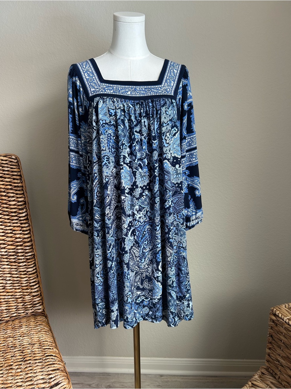 Michael Kors Navy and Light Blue Paisley Long-Sleeve Dress